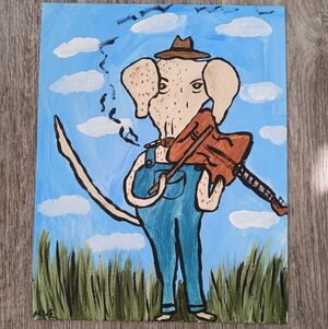 Dog Playing Fiddle Folk Art Painting